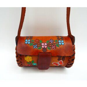 Vintage Hand Tooled Floral Butterfly Leather Mini Cylinder Crossbody Bag Mexico